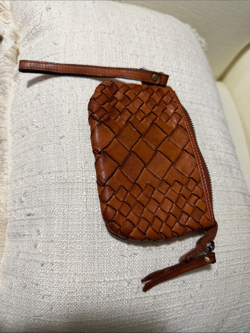 Woven Leather Wristlet Pouch in Cognac